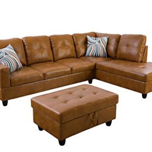 GEBADOL Lifestyle Furniture 103" Wide 3 Piece Sectional Sofa Couch Set, L-Shaped Modern Sofa with Chaise Storage Ottoman and Pillows,Faux Leather, Right Facing.