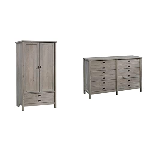 Sauder Cottage Road Armoire, L: 32.44" x W: 21.73" x H: 59.17", Mystic Oak Finish & Cottage Road Dresser, L: 56.77" x W: 19.29" x H: 35.35", Mystic Oak Finish