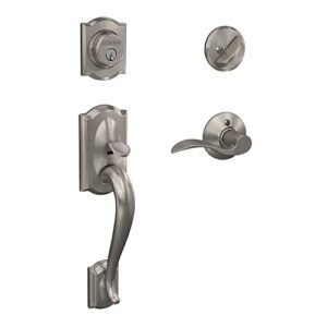 schlage f60 v cam 619 acc camelot front entry handleset with accent lever, deadbolt keyed 1 side, satin nickel