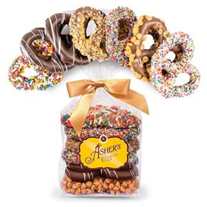 asher’s chocolates, chocolate covered pretzels gift basket, holiday assortment of candy, small batches of kosher chocolate, family owned since 1892 (8 oz, milk & dark)
