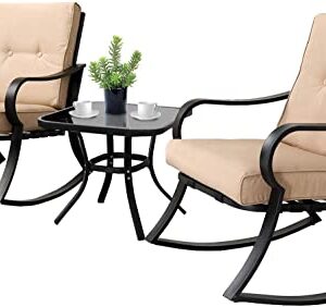 SOLAURA 3-Piece Outdoor Rocking Chairs Bistro Set, Black Iron Patio Furniture with Brown Thickened Cushion & Glass-Top Coffee Table