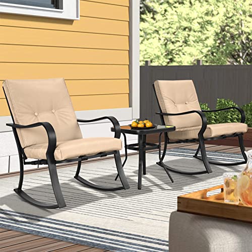 SOLAURA 3-Piece Outdoor Rocking Chairs Bistro Set, Black Iron Patio Furniture with Brown Thickened Cushion & Glass-Top Coffee Table