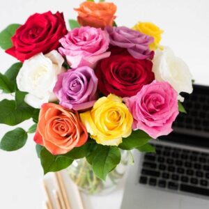 From You Flowers - One Dozen Rainbow Roses with Free Vase (Fresh Flowers)