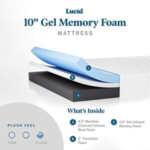 Lucid 10 Inch Memory Foam Plush – Gel Infusion- Hypoallergenic Bamboo Charcoal- Queen Size Mattress,White