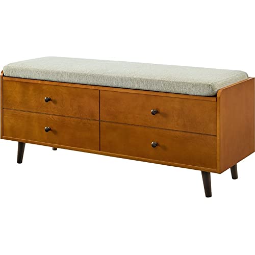 Walker Edison Mid Century Modern Wood Entryway Bench with Cushion Hallway Mudroom Metal Bedroom Bench Ottoman, 46 Inch, Acorn