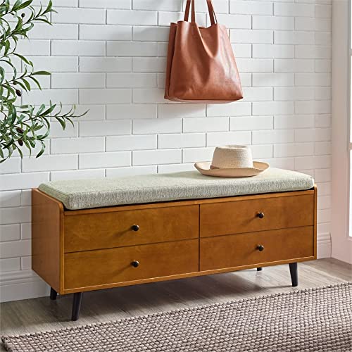 Walker Edison Mid Century Modern Wood Entryway Bench with Cushion Hallway Mudroom Metal Bedroom Bench Ottoman, 46 Inch, Acorn