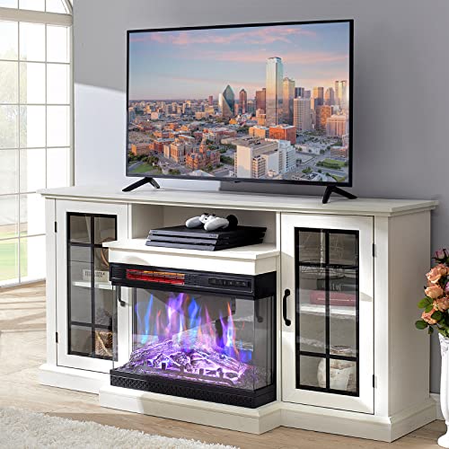 Amerlife 3-Sided Glass Fireplace TV Stand for TVs up to 65", Modern Media Entertainment Center Console Table with Glass Door Closed Storage, Distressed White