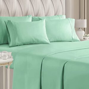 queen size sheet set – 6 piece set – hotel luxury bed sheets – extra soft – deep pockets – easy fit – breathable & cooling sheets – wrinkle free – comfy – spa blue sheets – queens sheets – 6 pc