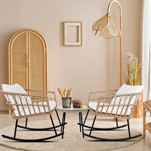 3 pieces rocking chairs set, boho indoor outdoor all weather woven rope table set, tan wicker chat set with white cushions, rattan sets for balcony, garden, front porch,indoor,living rooms