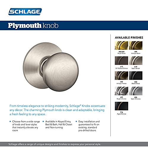 Schlage F10 V PLY 619 Plymouth Door Knob, Hall & Closet Passage Lock, Satin Nickel