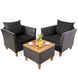 tangkula 3-piece patio furniture set, patiojoy outdoor pe wicker bistro set with soft cushions and solid acacia wood, outdoor conversation set with porch, balcony and garden (black)