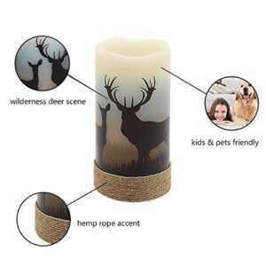 GenSwin Flameless Flickering Led Candles with Hemp Rope and 6H Timer, Battery Operated Set of 3 Real Wax Pillar Rustic Candles Warm Light with Deer, Moose, Bear Decals Decor Christmas Home(D3 x H6)