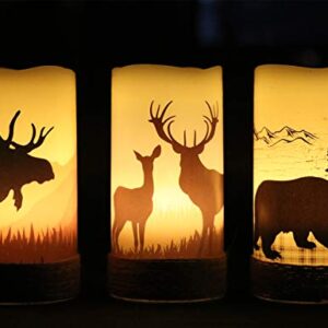 GenSwin Flameless Flickering Led Candles with Hemp Rope and 6H Timer, Battery Operated Set of 3 Real Wax Pillar Rustic Candles Warm Light with Deer, Moose, Bear Decals Decor Christmas Home(D3 x H6)