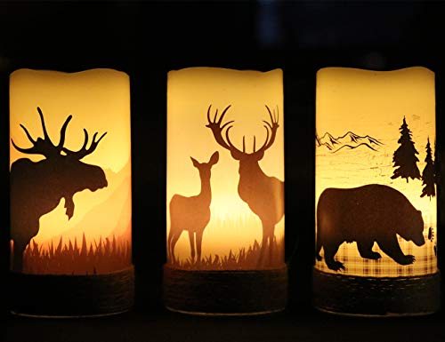 GenSwin Flameless Flickering Led Candles with Hemp Rope and 6H Timer, Battery Operated Set of 3 Real Wax Pillar Rustic Candles Warm Light with Deer, Moose, Bear Decals Decor Christmas Home(D3 x H6)