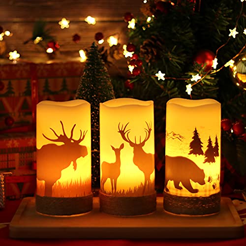 GenSwin Flameless Flickering Led Candles with Hemp Rope and 6H Timer, Battery Operated Set of 3 Real Wax Pillar Rustic Candles Warm Light with Deer, Moose, Bear Decals Decor Christmas Home(D3 x H6)