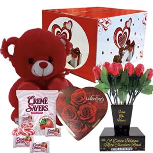 VALENTINE GIFT BASKET SET |10" Teddy Bear Plush (White or Red), Dozen Belgian Milk Chocolate Roses Bouquet, Creme Savers Strawberry and Creme Hard Candy, Elmer Chocolate Rose Flowers Heart Shaped, & Beautiful Custom Valentine Box|