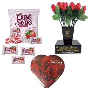 VALENTINE GIFT BASKET SET |10" Teddy Bear Plush (White or Red), Dozen Belgian Milk Chocolate Roses Bouquet, Creme Savers Strawberry and Creme Hard Candy, Elmer Chocolate Rose Flowers Heart Shaped, & Beautiful Custom Valentine Box|