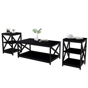 bigbiglife living room table set of 3, industrial x-design coffee table with 2 end side tables, modern 3 pieces coffee table set with metal frame for apartment home office, easy to assemble, black