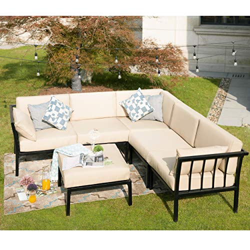 LOKATSE HOME 6 Piece Patio Conversation Set Outdoor Furniture Sectional Sofa with 3 Corner Couch 2 Armless Chair and 1 Ottoman, 6Pcs, Khaki Cushions