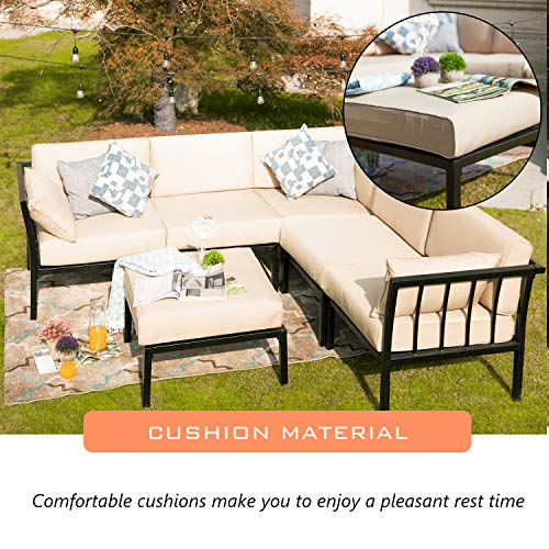 LOKATSE HOME 6 Piece Patio Conversation Set Outdoor Furniture Sectional Sofa with 3 Corner Couch 2 Armless Chair and 1 Ottoman, 6Pcs, Khaki Cushions