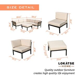 LOKATSE HOME 6 Piece Patio Conversation Set Outdoor Furniture Sectional Sofa with 3 Corner Couch 2 Armless Chair and 1 Ottoman, 6Pcs, Khaki Cushions