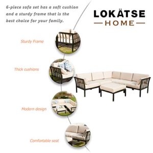 LOKATSE HOME 6 Piece Patio Conversation Set Outdoor Furniture Sectional Sofa with 3 Corner Couch 2 Armless Chair and 1 Ottoman, 6Pcs, Khaki Cushions