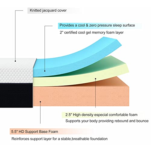 IYEE NATURE Queen Size Mattress, 10 Inch Cooling-Gel Memory Foam Mattress Bed in a Box, Supportive & Pressure Relief with Breathable Soft Fabric Cover, Medium Firm Feel,Black