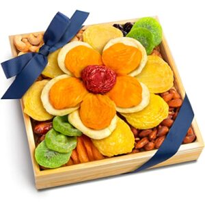 blue bow gourmet floral dried fruit & nut gift tray for easter, mother’s day, birthday, thank you, sympathy