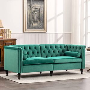 ttgieet 76” w velvet sofa mid-century modern love seats, 3 seater sofa couch with two bolster pillows, tufted futon sofa furniture for living room bedroom office （green）