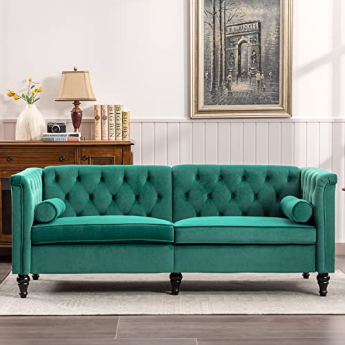 TTGIEET 76'' W Velvet Sofa Mid-Century Modern Love Seats, 3 Seater Sofa Couch with Two Bolster Pillows, Tufted futon Sofa Furniture for Living Room Bedroom Office （Green）