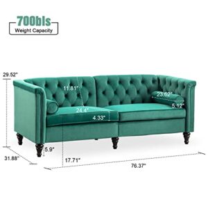 TTGIEET 76'' W Velvet Sofa Mid-Century Modern Love Seats, 3 Seater Sofa Couch with Two Bolster Pillows, Tufted futon Sofa Furniture for Living Room Bedroom Office （Green）