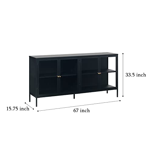 Unique Furniture Dover 3-Section Sideboard Glass Door Display Cabinet, Black