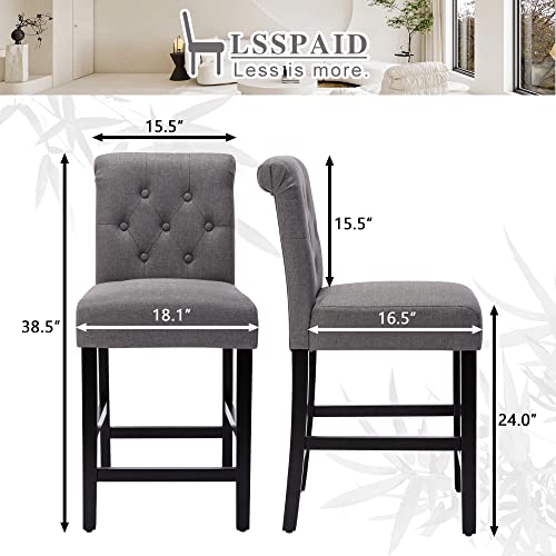 LSSPAID Bar Stools Set of 2, 24 inch Fabric Counter Height Bar Stools, Kitchen Island Wood Bar Chairs, Solid Wood Legs Barstools, Grey