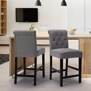 LSSPAID Bar Stools Set of 2, 24 inch Fabric Counter Height Bar Stools, Kitchen Island Wood Bar Chairs, Solid Wood Legs Barstools, Grey