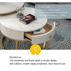 Round Nesting Coffee Table Two-Piece Living Room Coffee Table, Golden Frame Slate Coffee Table with Drawers, Suitable for Small Storage Table in Living Room Office Balcony