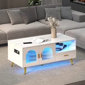 lvsomt 42.5” coffee table with 3 colors lighting, high glossy modern accent furniture with storage, contemporary rectangle table for living room（glossy white