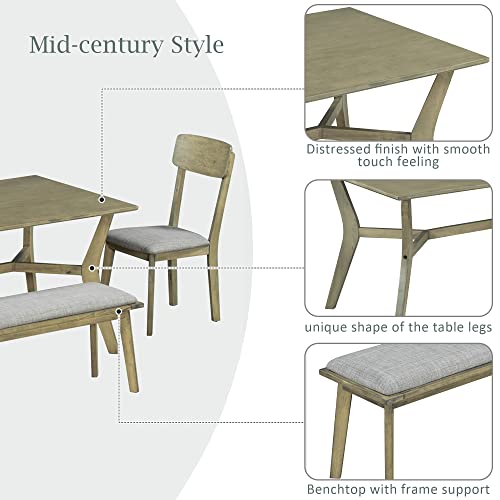 XD Designs Mid-Century 6-Piece Dining Table Set, Wooden Kitchen Dining Table Set, Rectangular Dining Table with Unique Shape Legs, 4 Upholstered Comfort Chairs & 1 Bench (Antique Yellow)