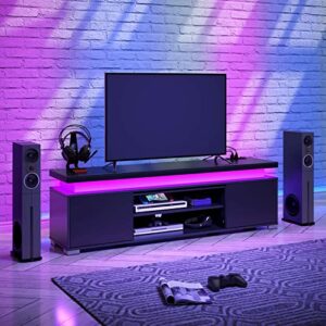 Rolanstar TV Stand with LED Lights & Power Outlet, Modern Entertainment Center for 32/43/50/55/65 Inchs TVs, Tv Table, Universal Gaming LED TV Media stand with Storage Cabinet and Large Storage, Black
