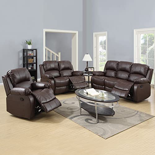 A Ainehome Luxury Recliner Sofa Living Room Set Reclining Couch Sofa Chair Loveseat Living Room Furniture Sets(A-Brown Leather, 3 Piece Set)