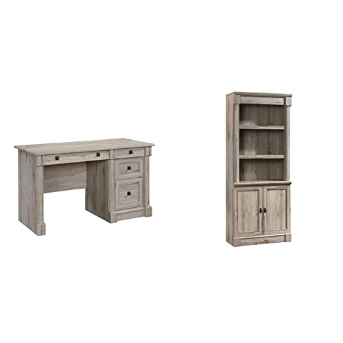 Sauder Palladia Computer Desk, L: 53.15" x W: 23.47" x H: 30.04", Split Oak Finish & Palladia Library with Doors, L: 29.37" x W: 13.9" x H: 71.85", Split Oak Finish