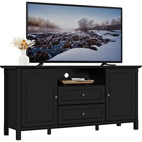 Yaheetech TV Stand with Storage for TVs up to 65 inch, Black TV Console Table for Living Room, Media Entertainment Center TV Storage Cabinet with 2 Central Drawers & Open Shelf, 58 in