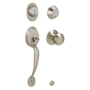 schlage f62ply619 plymouth handleset keyed 2-sides with plymouth knob, satin nickel large