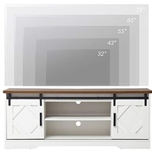 WAMPAT Farmhouse Sliding Barn Door TV Stand for TVs Up to 65 inch, Modern Storage Entertainment Center, Wood Media Console Table Cabinet 3-Level Adjustable Shelf for Living Room, White/Oak