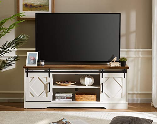 WAMPAT Farmhouse Sliding Barn Door TV Stand for TVs Up to 65 inch, Modern Storage Entertainment Center, Wood Media Console Table Cabinet 3-Level Adjustable Shelf for Living Room, White/Oak