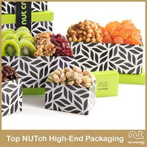 Dried Fruit & Mixed Nuts Gift Basket Leaf Tower + Ribbon (12 Assortments) Purim Mishloach Manot Gourmet Food Bouquet Arrangement Platter, Birthday Care Package, Healthy Kosher Snack Box, Her Him