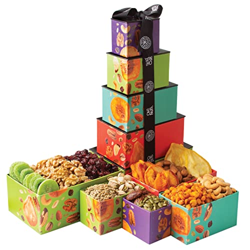 Dried Fruits & Nuts Tower with Black Ribbon Gift Basket, 5 Tier Gourmet Arrangement Platter, Healthy Kosher Snack Box for Birthday, Anniversary, Care Package for Men, Women, Adults - Oh! Nuts