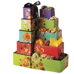 Dried Fruits & Nuts Tower with Black Ribbon Gift Basket, 5 Tier Gourmet Arrangement Platter, Healthy Kosher Snack Box for Birthday, Anniversary, Care Package for Men, Women, Adults - Oh! Nuts