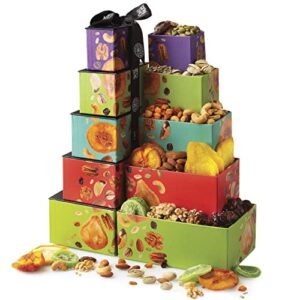 Dried Fruits & Nuts Tower with Black Ribbon Gift Basket, 5 Tier Gourmet Arrangement Platter, Healthy Kosher Snack Box for Birthday, Anniversary, Care Package for Men, Women, Adults - Oh! Nuts