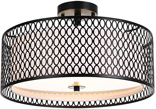 Ludil 17" Semi Flush Mount Ceiling Light Fixture, Modern 3-Light Black Durm Close to Ceiling Lighting with Metal Mesh Cage & Bottom Reflective Glass for Living Room Bedroom Kitchen Hallway Entryway