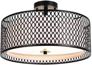 ludil 17″ semi flush mount ceiling light fixture, modern 3-light black durm close to ceiling lighting with metal mesh cage & bottom reflective glass for living room bedroom kitchen hallway entryway